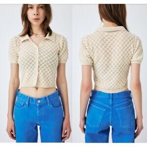 Moussy Openwork Knit Short Sleeve Button Down Polo Shirt Cream "F" Free Size*
